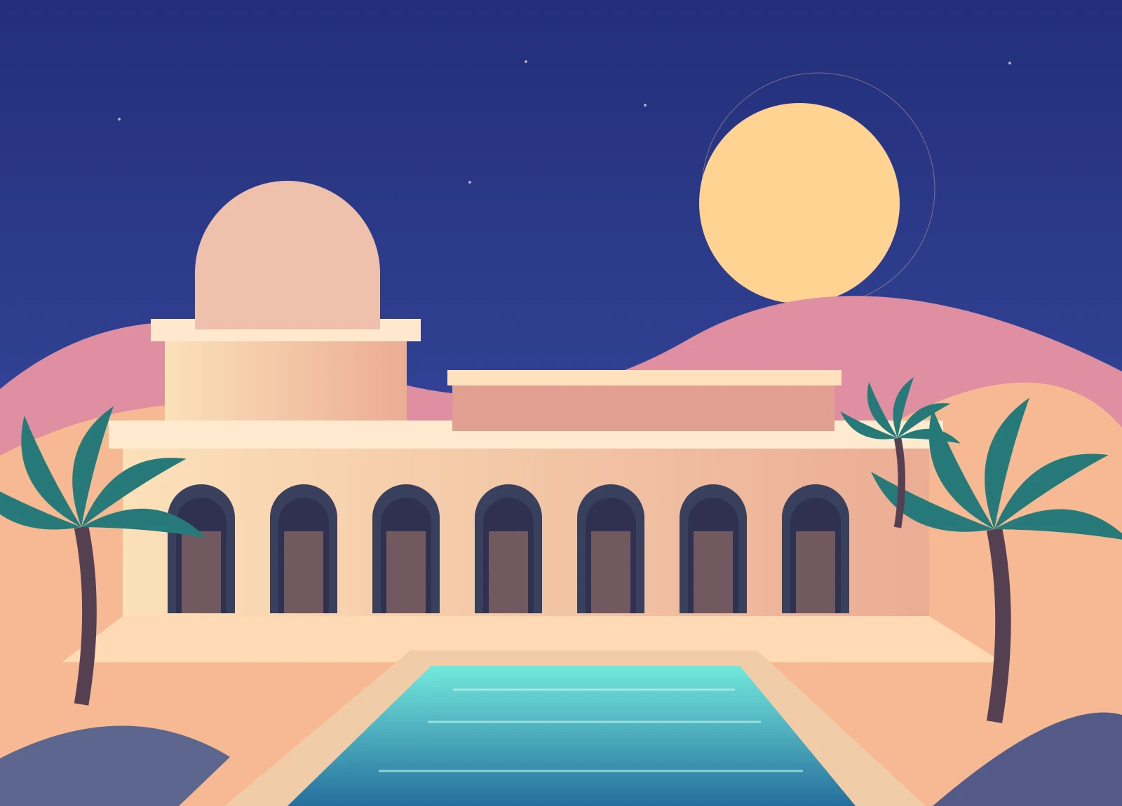Original illustration of an Arabian-inspired resort, palms and a turquoise pool beneath a setting sun
