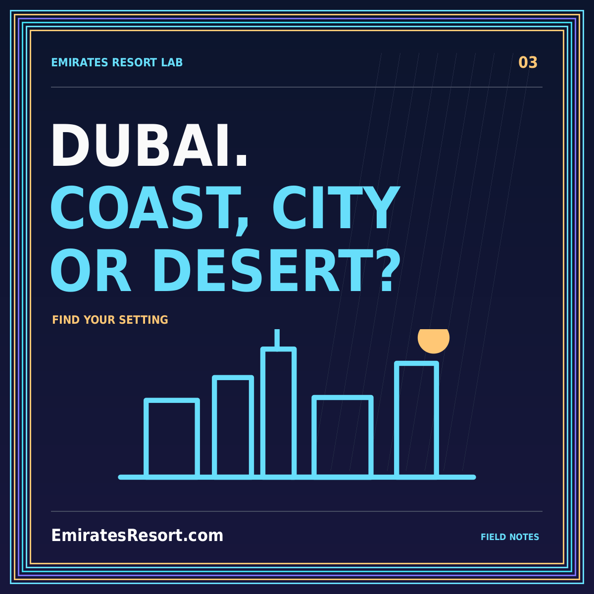 Dubai, beyond the room view — neon editorial illustration with EmiratesResort.com branding