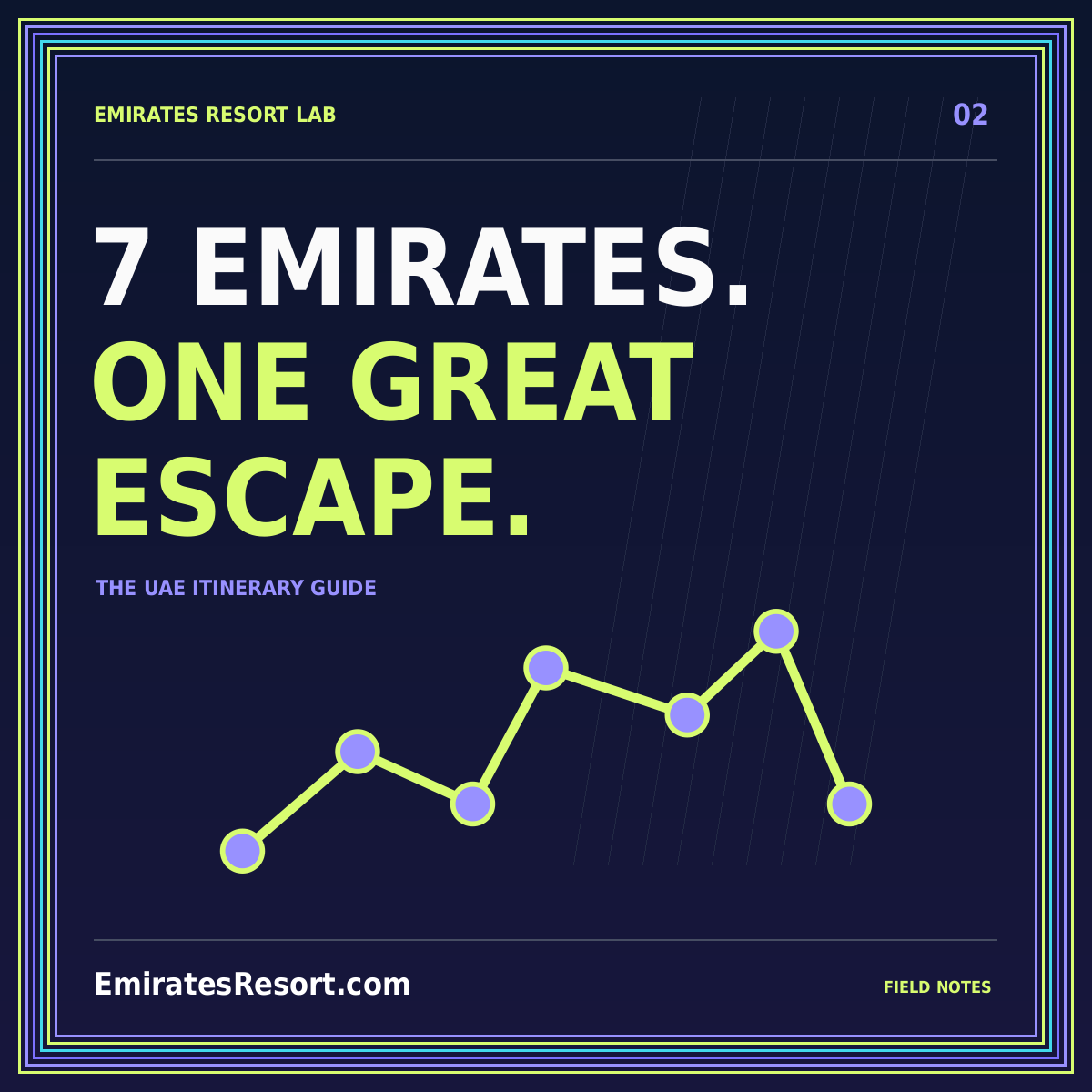 Seven emirates. A route that fits. — neon editorial illustration with EmiratesResort.com branding